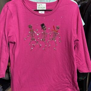 Quacker Factory top womens size Medium 3/4 sleeves pink beaded skeletons cotton